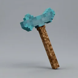A studio photo of a Minecraft diamond pickaxe in real life