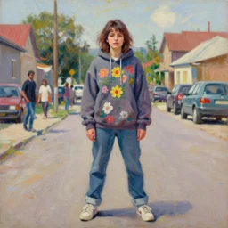 still from music video of barbara palvin from die antwoord standing in a township street, wearing a hoodie and flowers, street clothes, full figure portrait painting by martine johanna, ilya kuvshinov, rossdraws, pastel color palette, detailed impasto brushwork, impressionistic