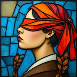 beautiful detailed side - view portrait of philippa eilhart, a blindfolded woman, red and orange blindfold, brown pigtails, stained glass art, blue background, by alphonse mucha, masterful