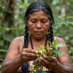 a close up portrait of an indigenous woman preparing plants medicines in the jungle, highly detailed, art by christophe vacher