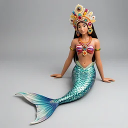 a beautiful aztec mermaid with the tail made out of handcrafted huichol style on top of a plastic toy wave