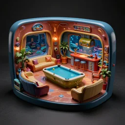 cropped telephoto of!!!!!! shiny plastic sculpture!!!!!, depicting a!! futuristic lounge room!! with pool + kitchen ( ( ( sculpture styling influenced by norman rockwell + frank frazetta + syd mead ) ) ) ( rich colors, high contrast, gloomy atmosphere )