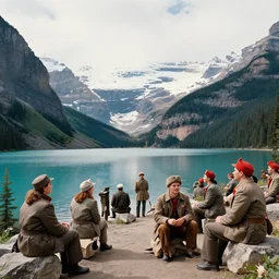 soviet style propaganda convincing people to stay at Lake Louise in Banff National park,