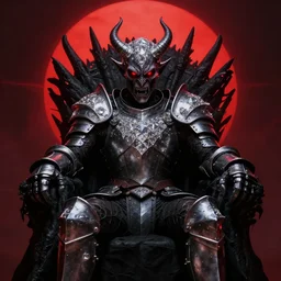 a dark matter angry portrait demon in iron armor with diamonds sits on the black throne of death and looks with red eyes into the darkness against the background of a bright red sun
