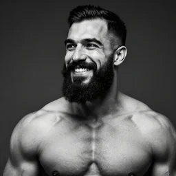 grey - scale portrait of a man looking slightly left with a pronounced long square chin with thin face, has thick facial hair, very short black hair, manly face, widely grinning, body builder, large chest muscles, no shirt, dark lighting, dark grey background