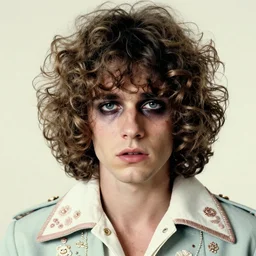 a beautiful but sinister young man in layers of fear, with haunted eyes and curly hair, 1 9 7 0 s, seventies, delicate embellishments, a little blood, pastel hair, painterly, offset printing technique, mary jane ansell