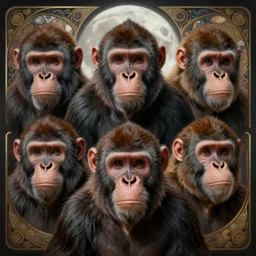 symmetry!! ultra realistic portrait of primates! moon in background, intricate, elegant, highly detailed, digital painting, artstation, concept art, smooth, sharp focus, illustration, art by artgerm and ross tran and greg rutkowski and alphonse mucha, 8 k
