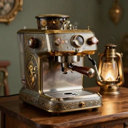 steampunk espresso machine with a soul, on a wooden table, intricate detail, hyper detailed, ultra realistic, sharp focus, smooth, octane render, lantern, volumetric, ray tracing, artstation trending, cgsociety, sense of awe, mystical, by alphonse mucha and wolp, midsommar 4 k