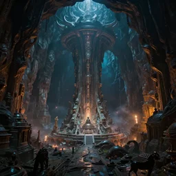 discovery of a highly advanced underworld civilization with dark lighting in the style of thomas cole, cinematic lighting, raytracing, 8 k, octane render, volumetric, vivid, beautiful, hyperrealism