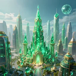 in a magical emerald city ,highly detailed, 4k, HDR, award-winning, artstation, octane render