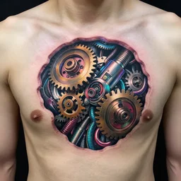 chest tattoo of a 3 d hole in the skin with a shiny multicolored metallic gears and tubes and futuristic robotic mechanics inside under the skin, insanely integrate,