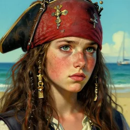 close - up of teenage mediterranean pirate girl freckles freckles, worry, headroom, seaside backgroud, art for best - selling award - winning young adult fantasy novel, intricate, highly detailed, art by chengwei pan and viktoria gavrilenko and artgerm and greg rutkowski and alphonse mucha, trending on artstation