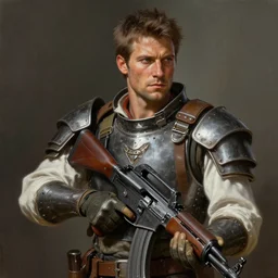 a portrait of an male survivor wearing scrap metal armor and a white shirt with hobo gloves holding a assault rifle, digital painting, artstation, concept art, donato giancola, Joseph Christian Leyendecker, WLOP, Boris Vallejo, Breathtaking, 8k resolution, extremely detailed, beautiful, establishing shot, artistic, hyperrealistic, octane render, cinematic lighting, dramatic lighting, masterpiece, light brazen, extremely detailed and beautiful face