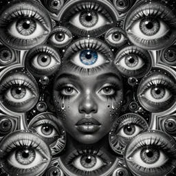 eyes!! a black girl!! with many eyes!, surreal art by colin christian and junji ito and mc escher and ian miller, faberge eyes, trypophobia! eyes, eyes everywhere, symmetry!!, eyes!, homicidal eyes, ( hypnotic optical illusion )!, black white and neon, chet zar, highly detailed, infinite intricacy