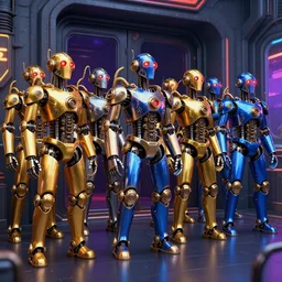 a queue of 7 golden and blue metal humanoid steampunk robots wearing and gears and tubes, eyes are glowing red lightbulbs, shiny crisp finish, 3 d render, 8 k, insaneley detailed, fluorescent colors, background is an entrance door to a futuristic nightclub, nightlight