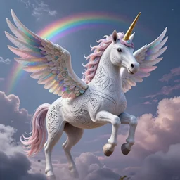 intricate unicorn with wings, rainbow, on the background of a weird magical sky with clouds. Very detailed 8k. Fantasy. Sharp. Cinematic post-processing