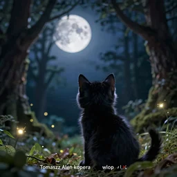 a stunning ultra detailed fantasy fine art photo of a black cute kitten looking at a full moon in a sinuous forest with fireflies, by tomasz alen kopera and wlop, back view, night, very detailed, shallow depth of field, 5 0 mm lens, soft lighting, artstation, highly coherent, 8 k