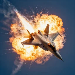 cinematic areal shot of a fighter jet exploding from the energy wave vfx