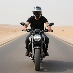 young man on a desert road on a futuristic motorcycle, wearing a modular helmet of hypermodern design, driving toward camera, close - up, worms - eye - view, cacti, cinematic view, golden hour, backlight, long lens, bokeh, masterpiece by louis klemantaski and james moy