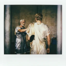 a polaroid photograph of Roman Senators stabbing Julius Caesar in the back