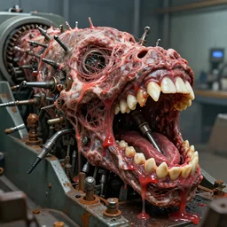 a close up of an elongated machine made of teeth and raw meat rust, dental drills, in a factory, concept art by giger, cgsociety, assemblage, trypophobia, greeble, grotesque, biomechanical open mouth drilling giant teeth, industrial saliva