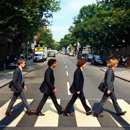 4 men walking on crosswalk on abbey road, city, digital art, 8 k.