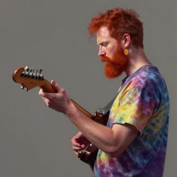 side profile concept art by thomas blackshear and hsiao ron cheng of a red bearded man with wood earrings playing music, tie dye, volumetric lighting matte painting, by artgerm, lawren harris, eve ventrue, magali villeneuve, jeremy lipkin, rob rey, christophe vacher