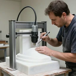 a sculptor carving a 3 d printer from a block of marble