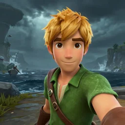 selfie of peter pan as a sea of thieves character, sea of thieves screenshot, storm, unreal engine, digital art