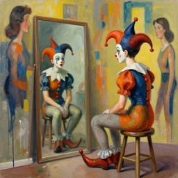 jester sitting on a stool looking into a mirror by james jean and beeple and marlene dumas and hernan bas and hilma af klint, abstract background, psychological, dripping paint, high quality render, masterpiece