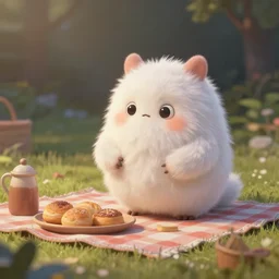 little fluffy monster having a picnic. upcoming 3 d animation by an indie studio, rimlighting, depth of field, limited palette, intricate details, oil painting, chiaroscuro.