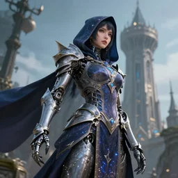 photo of a sorceress near mage tower, warframe armor!!, cyborg, magical dress, fantasy, hood, pretty face, interesting angle, sharp focus, 8 k high definition, insanely detailed, intricate, intelligent, art by kazuya takahashi, fenghua zhong, sangsoo jeong, kevin hou