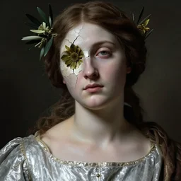 hyperrealism close - up mythological portrait of a medieval woman's shattered face partially made of olive color flowers in style of classicism, pale skin, wearing silver dress, dark and dull palette