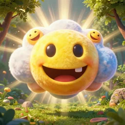 fantastical vibrant bulbous weird!!!!!!!!!!! smiley face emoji shaped cloud with holes for eyes and mouth, in a nature scene by marc adamus, high definition, rays of light breaking behind the emoji, 😃😀😄☺🙃😉😗, cheerful, rave art