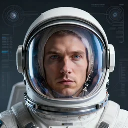 retrofuturistic portrait of a light skinned man in astronaut helmet, smooth transparent visor, reflective gradient, detailed space graphics in background, close up, quint buchholz, wlop, dan mumford, artgerm, liam brazier, peter mohrbacher, raw, featured on artstation, octane render, cinematic, elegant, intricate, 8 k