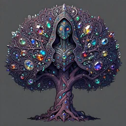 stunning psychedelic tree, award winning matte concept art, intricate linework, precious ornate hooded cybernetic emissive gothic colorful dark colorful, clear focus, iridescent baroque crystals, glowing, futuristic, detailed realistic, raytracing colorful gems, black opal, magical colorful, realistic character art, wlop, chebokha, rutkowski, artgerm
