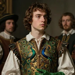 close - up young man, brown hair, in a vest with peacock!!! ornament!!!, green gloves, 1 7 th century clothing, beautiful, cinematic lighting, highly detailed, digital art, oil painting, highly detailed, sharp focus, matte painting, renaissance painting, by kinkade, by alphonse mucha, by leyendecker, by rutkowsky,