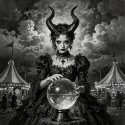 By Tom Bagshaw, ultra realist soft painting of a curiosities carnival by night, very beautiful demon horn female dollpunk in full gothic dress using a transparent glass sphere, symmetry accurate features, very intricate details, omnious sky, black and white, volumetric light clouds