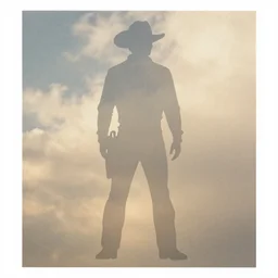 transparent siluette of a cowboy. transperent printed on top of a photo. sun - bleached highlights. sanded surface. scratches on the surface soft colors