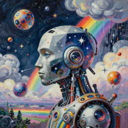 surreal gouache painting, by yoshitaka amano, by ruan jia, by conrad roset, by kilian eng, by good smile company, incredibly detailed, of floating molecules and a travis scott solar punk robot head side view floating in the middle icosahedron with stars, clouds, and rainbows in the background, cgsociety, artstation, modular patterned mechanical costume and headpiece, retrowave atmosphere