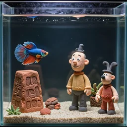 plasticine model in water. siamese fighting fish. clay figure. salvador dali. tropical fish tank with sand. astrix and obelisk. tintin. hands. wallace and gromit. figures clay. aquatic photography.