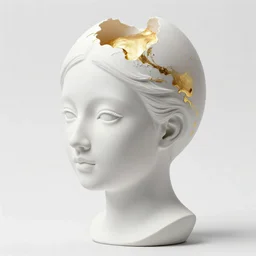 full head and shoulders, beautiful female porcelain sculpture by daniel arsham and raoul marks, smooth, all white features on a white background, delicate facial features, white eyes, white lashes, detailed white, the head is split open like an egg, gold paint flows out