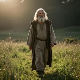 old prophet wandering about a meadow, dramatic backlighting