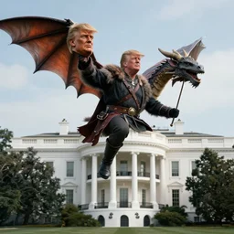 a viking flies aboard a dragon holding the severed head of donald trump over the white house, highly detailed, 8 k
