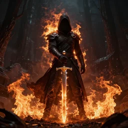 the fire thief with sword, dark, peter mohrbacher, hypermaximalist, cinematic, symmetrical, concept art, unreal engine, environment, sharp