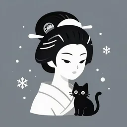 face icon stylized minimalist an princess asian girl with geisha makeup holding a cute black cat surrounded by snowflakes, loftis, cory behance hd by jesper ejsing, by makoto shinkai and lois van baarle, ilya kuvshinov, rossdraws, by zdzisław beksinski and norman rockwell and greg rutkowskiweta studio, and lucasfilm
