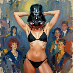portrait of award winning supermodel girl, darth vader styled mask respirator on mouth, hands behind head, in black bikini, tattoos, by ashley wood, yoji shinkawa, jamie hewlett, 6 0's french movie poster, french impressionism, dry brush background colors, palette knife and brush strokes, asymmetrical, concept art