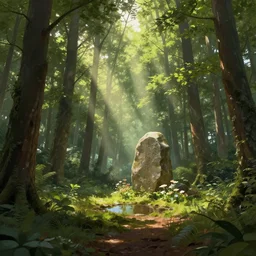 god rays shining down in the woods with a small area clear of trees with a large rock monument and a small puddle in front of it with flowers around it, digital art, concept art