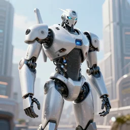 Amazing photorealistic digital concept art of a guardian robot in a futurstic city, by James Clyne and Joseph Cross. Cinematic. LED lighting. A massive explosion. Wide angle. Clean lines. Balanced composition.