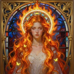 ultra realist breathtaking detailed soft painting of a beautiful lonely bride, a circle of light around her head, long fire hair and dress of fireflies, symmetrical facial features, christian saint in the middle of a stained glass of flames, intricate golden art nouveau frame, by Tom Bagshaw, wlop, trending on artstation